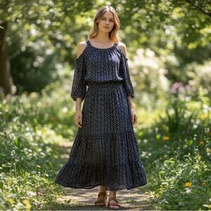 Ralph Lauren Navy Patterned Cold-Shoulder Maxi Dress